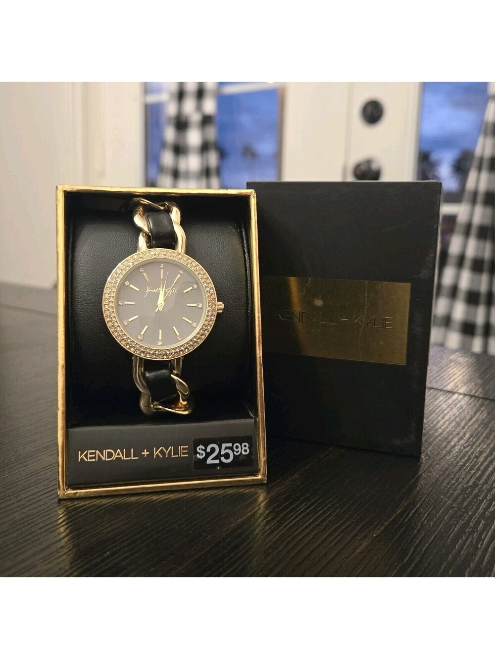 Kendall Kylie Black Gold Tone Rhinestone Watch Womens Chain Band New In Box